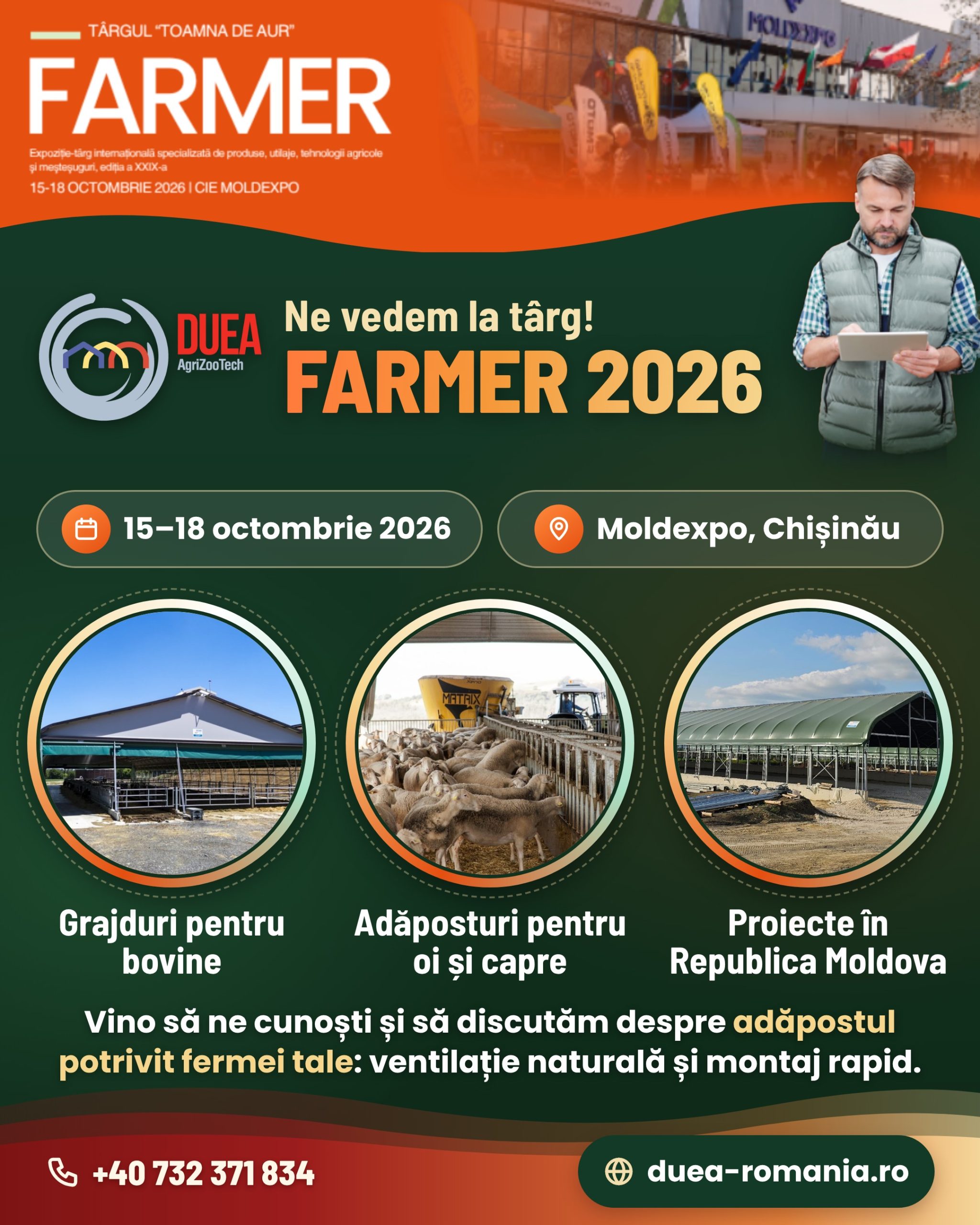 Afiș DUEA AgriZooTech la FARMER 2026, 15–18 octombrie, Moldexpo Chișinău